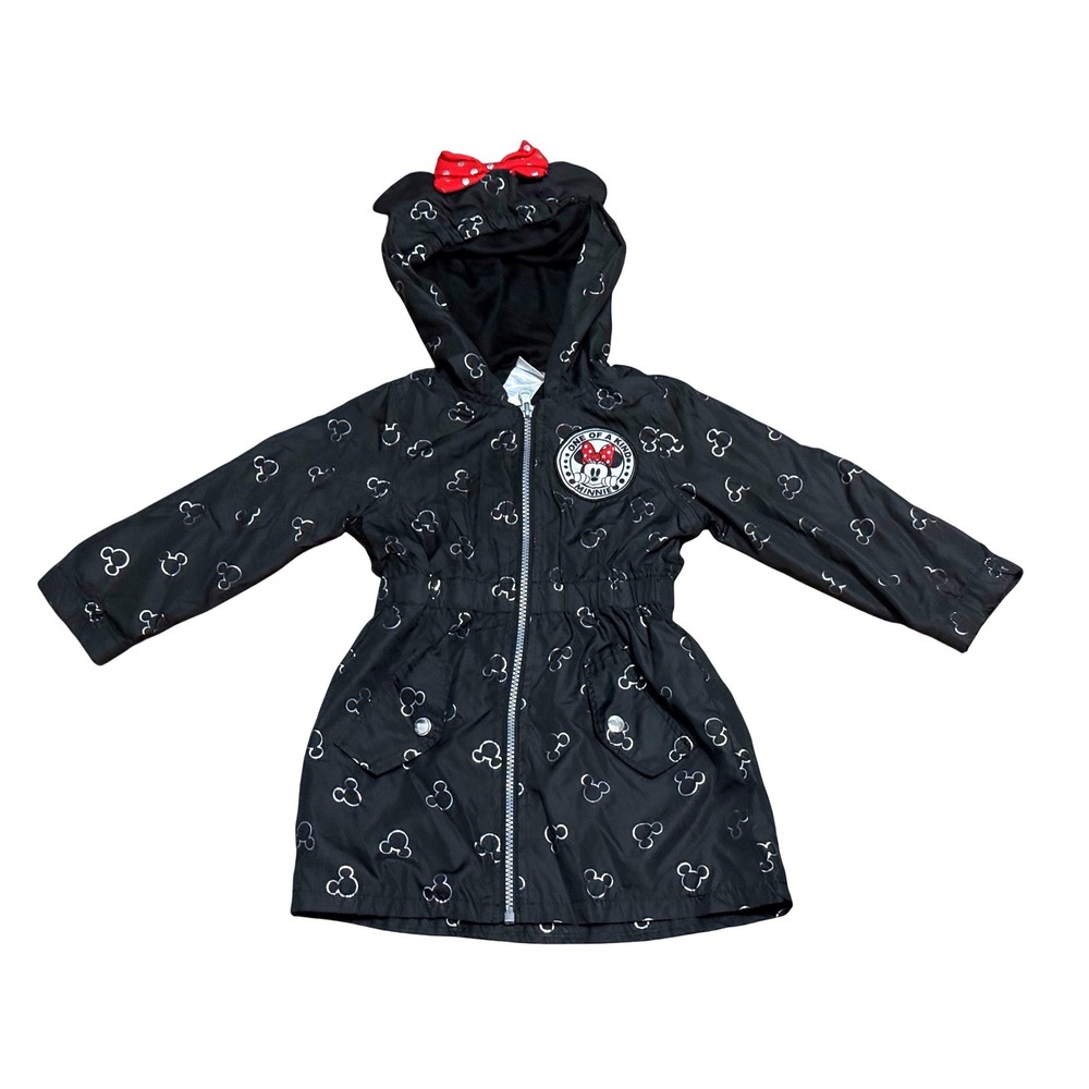 Disney Junior Minnie Mouse Black Silver Foil Rain Jacket 3D Ears Bow Girls 3T